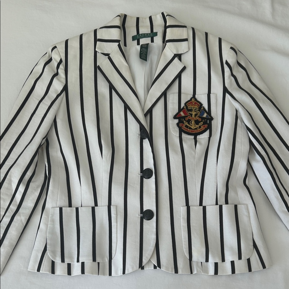 Ralph Lauren Black and White Striped Nautical Blazer M some stains around collar